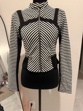 Alt. B Black & White Striped Zip-Front Women's Blazer Jacket
